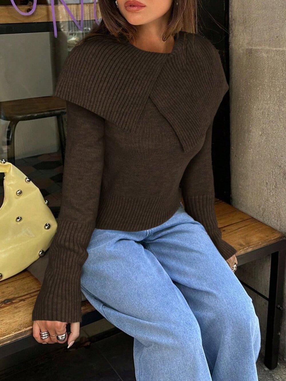 Coffee Brown Casual Women's oversized collar Fitting Long Sleeve Sweater
